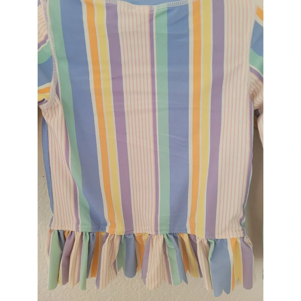 Ruffle‎ Butts Toddler Girls 3T Rash Guard Long Sleeve Stripe Ruffle Swim Top #2
